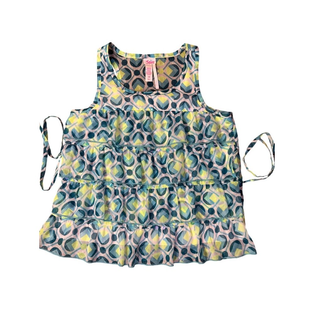 Justice Girls 16 Sleeveless Tiered Blouse Blue Lime Shimmer Ruffle Top Used - Picture 13 of 16